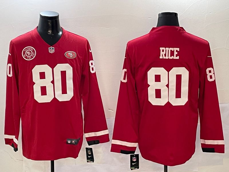 Men San Francisco 49ers #80 Rice Red long sleeve 2024 Nike NFL Jersey style 01043